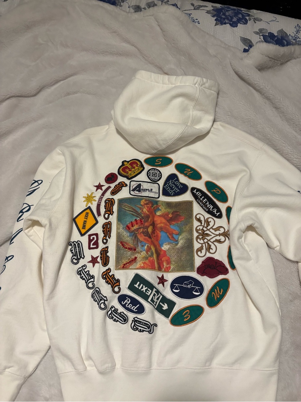Supreme White Crewneck Hoodie with Multicolor Embroidered Patch Back